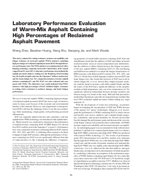 (PDF) Laboratory Performance Evaluation of WarmMix Asphalt Containing
