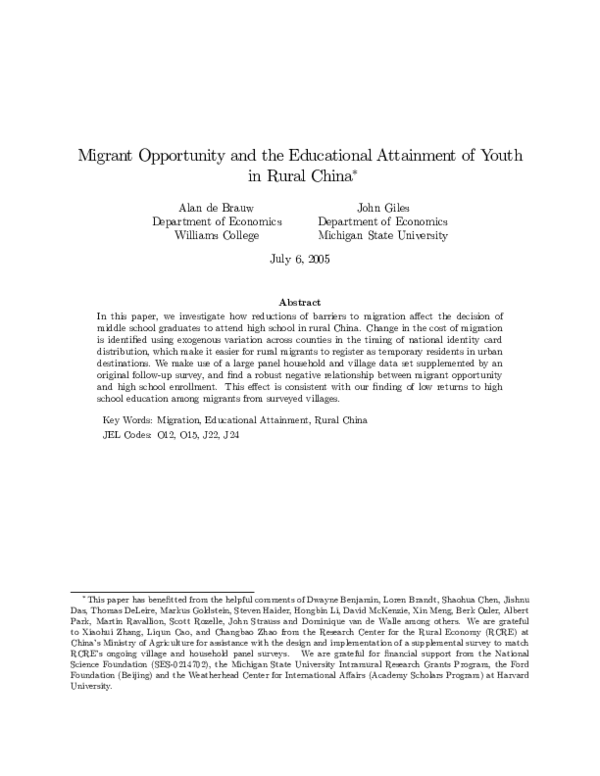 (PDF) Migrant Opportunity And The Educational Attainment Of Youth In ...