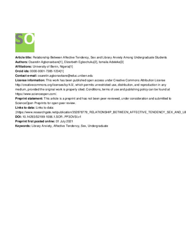 (PDF) Relationship Between Affective Tendency, Sex and Library Anxiety ...