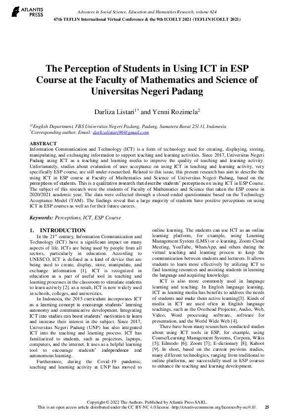 (PDF) The Perception of Students in Using ICT in ESP Course at the ...