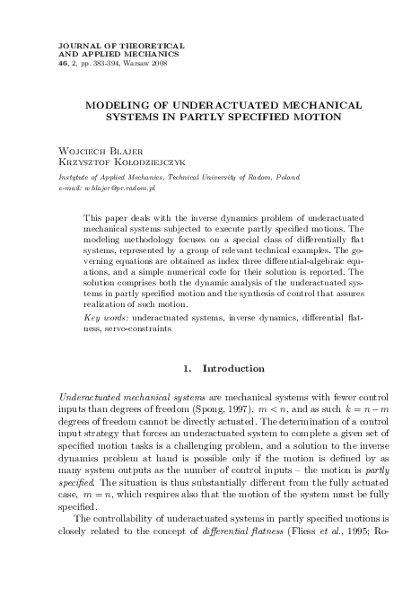 (PDF) Dynamics and control of mechanical systems in partly specified motion