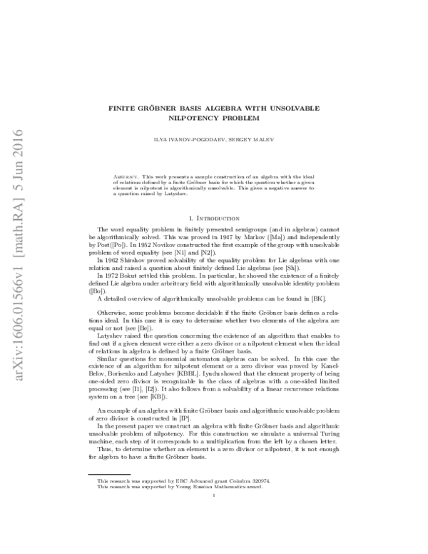  PDF Finite Gr bner Basis Algebra With Unsolvable Nilpotency Problem 