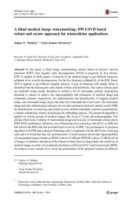 (PDF) A blind medical image watermarking: DWT-SVD based robust and ...