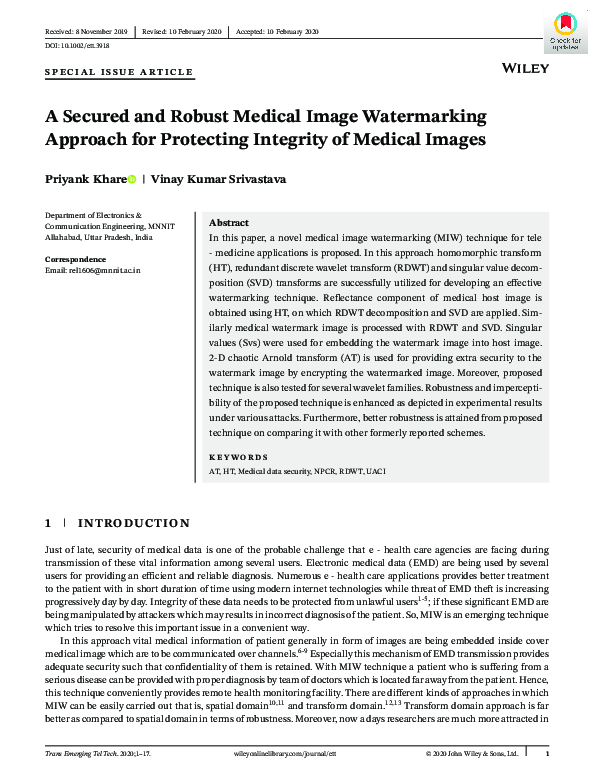 (PDF) A Secured and Robust Medical Image Watermarking Approach for ...