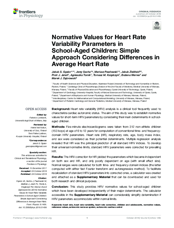 (PDF) Normative Values for Heart Rate Variability Parameters in School ...