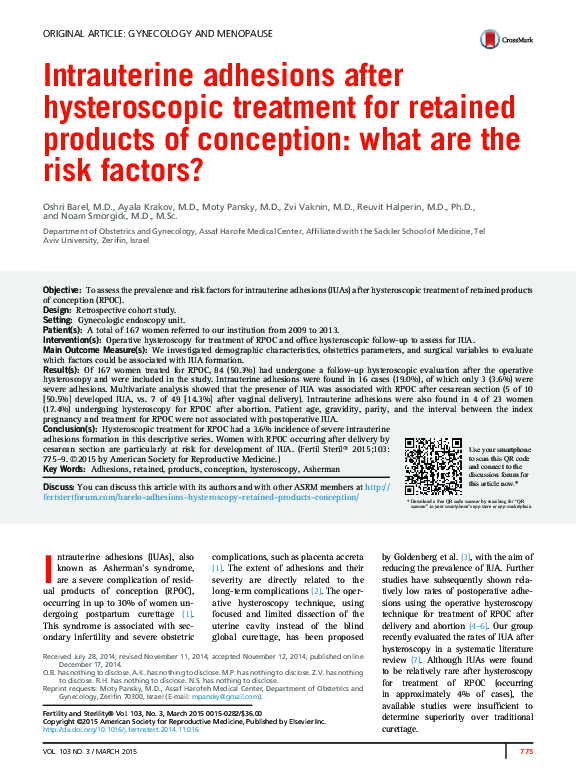 (PDF) Intrauterine adhesions after hysteroscopic treatment for retained