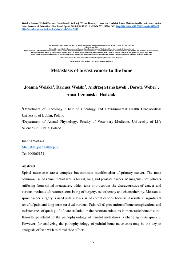 (PDF) Metastasis of breast cancer to the bone