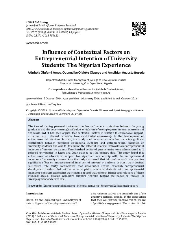 (PDF) Influence of Contextual Factors on Entrepreneurial Intention of ...