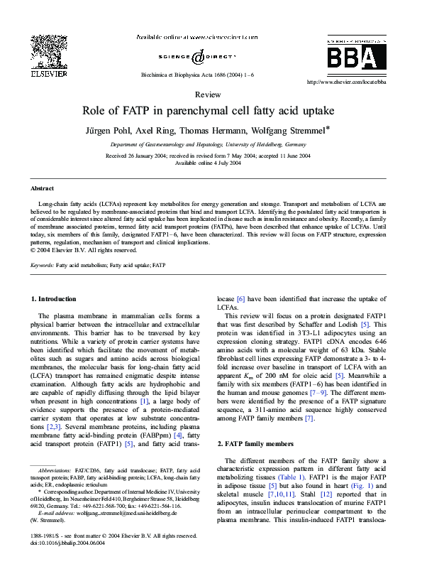 (PDF) Role of FATP in parenchymal cell fatty acid uptake
