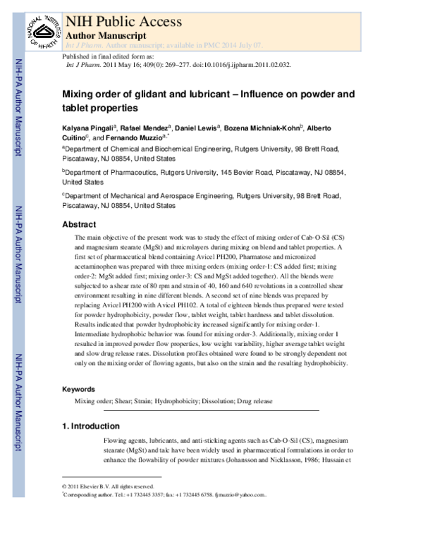 (PDF) Mixing order of glidant and lubricant Influence on powder and tablet properties