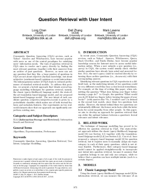 (PDF) Question retrieval with user intent