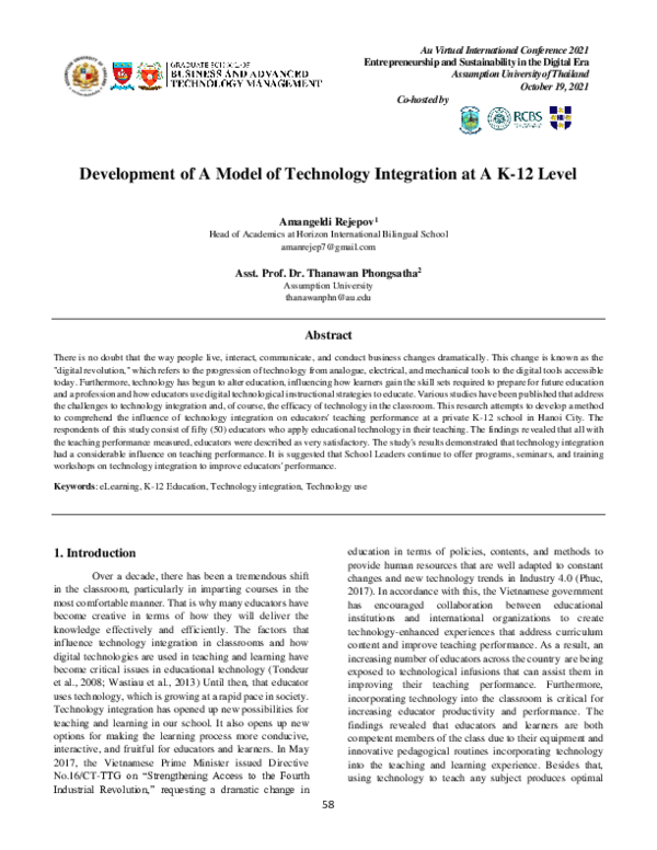 (PDF) Development of A Model of Technology Integration at A K-12 Level