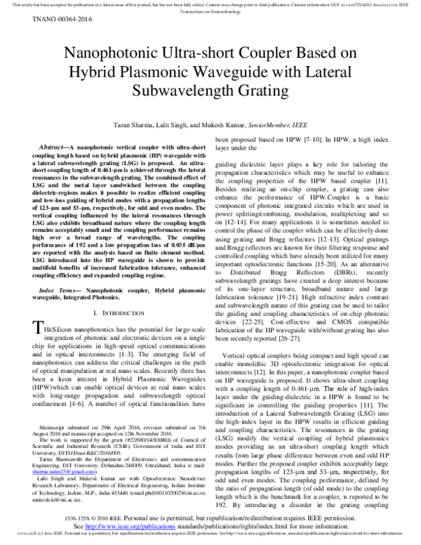 (PDF) Nanophotonic Ultra-short Coupler Based on Hybrid Plasmonic ...