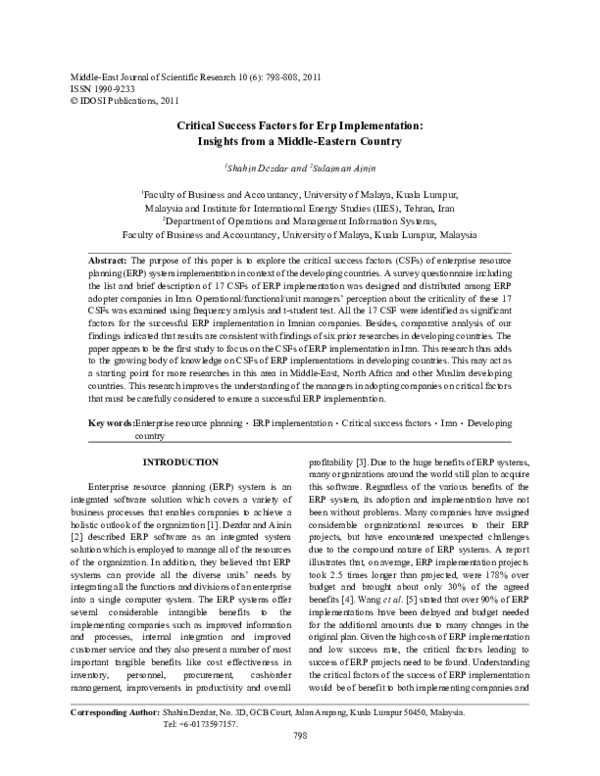 (PDF) Critical Success Factors for Erp Implementation: Insights from a ...
