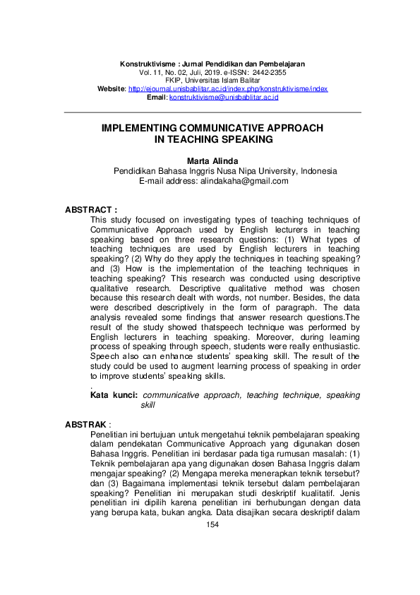 (PDF) Implementing Communicative Approach in Teaching Speaking