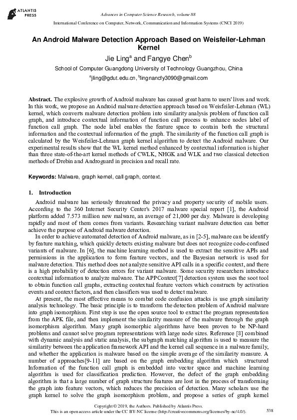 (PDF) An Android malware detection Approach based on Weisfeiler-Lehman ...