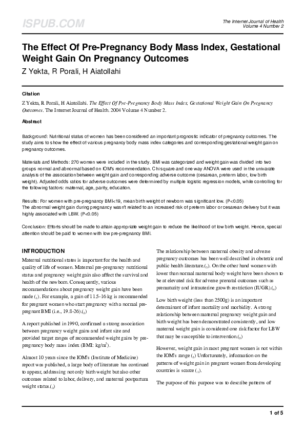 (PDF) The Effect Of Pre-Pregnancy Body Mass Index, Gestational Weight ...