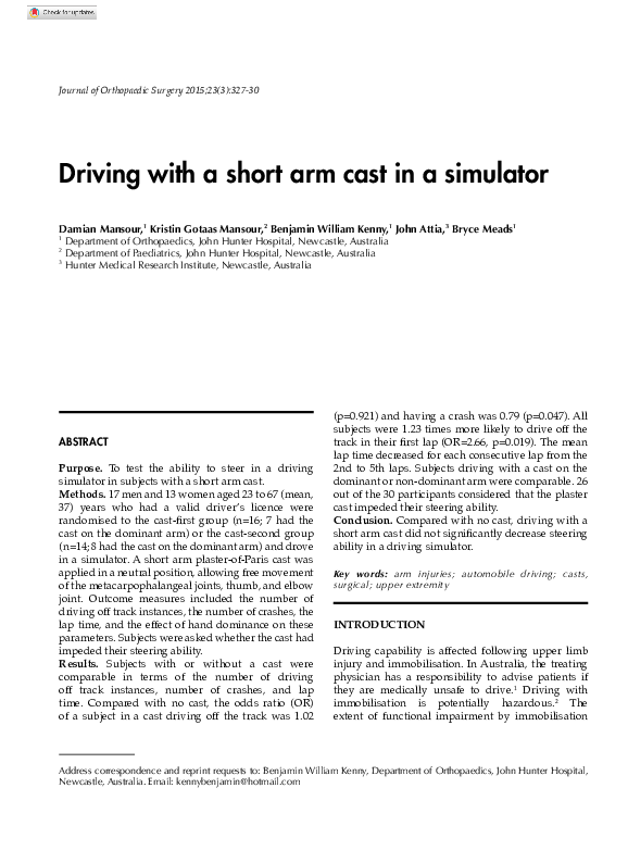 (PDF) Driving with a Short Arm Cast in a Simulator Benjamin Kenny Academia.edu