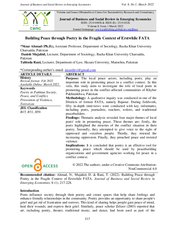 (PDF) Building Peace through Poetry in the Fragile Context of Erstwhile ...
