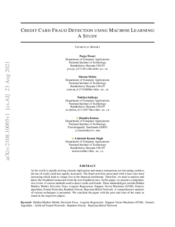 (PDF) Credit Card Fraud Detection using Machine Learning: A Study