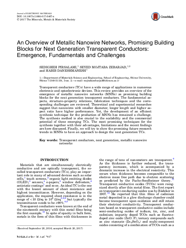 (PDF) An Overview of Metallic Nanowire Networks, Promising Building ...
