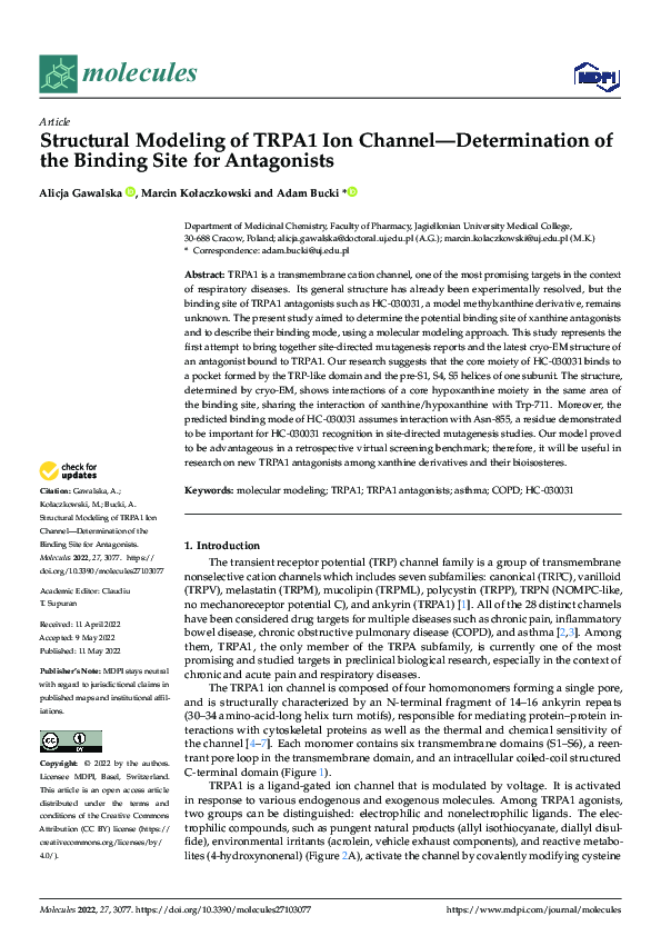 (PDF) Structural Modeling of TRPA1 Ion Channel—Determination of the ...