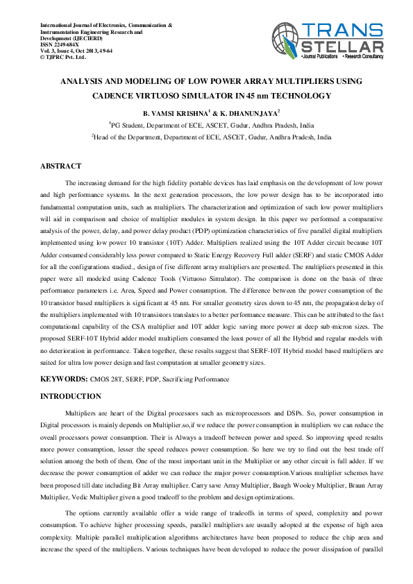 (PDF) ANALYSIS AND MODELING OF LOW POWER ARRAY MULTIPLIERS USING ...
