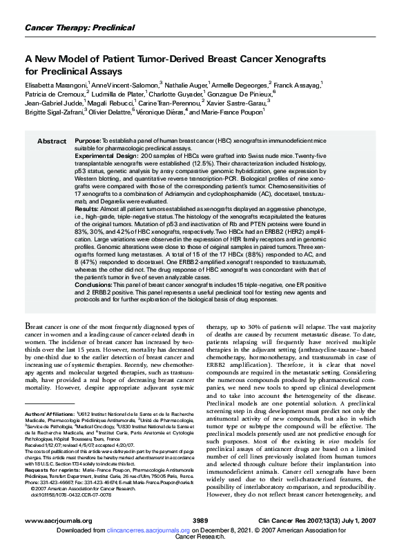 (PDF) A New Model of Patient Tumor-Derived Breast Cancer Xenografts for ...