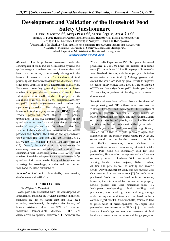 (PDF) Development and Validation of the Household Food Safety Questionnaire