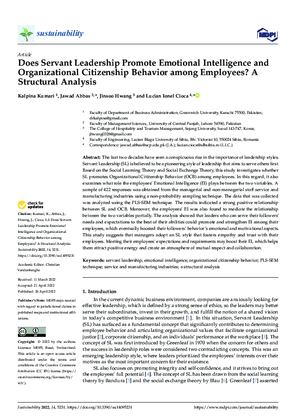  PDF Does Servant Leadership Promote Emotional Intelligence And Organizational Citizenship 