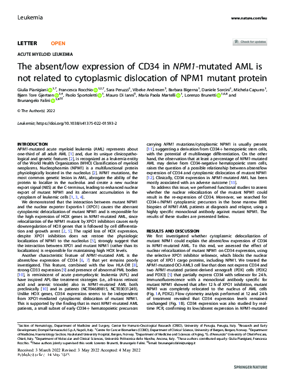 (PDF) The absent/low expression of CD34 in NPM1-mutated AML is not ...