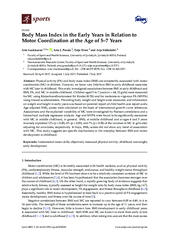 (PDF) Body Mass Index in the Early Years in Relation to Motor ...