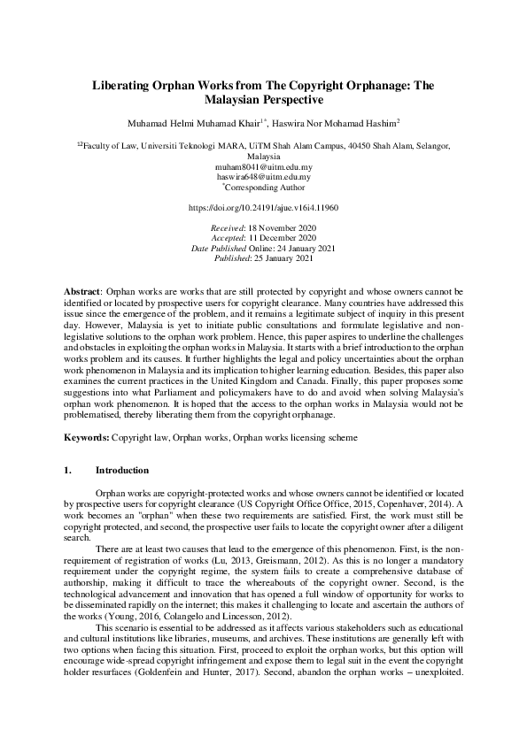(PDF) Liberating Orphan Works from The Copyright Orphanage: The ...