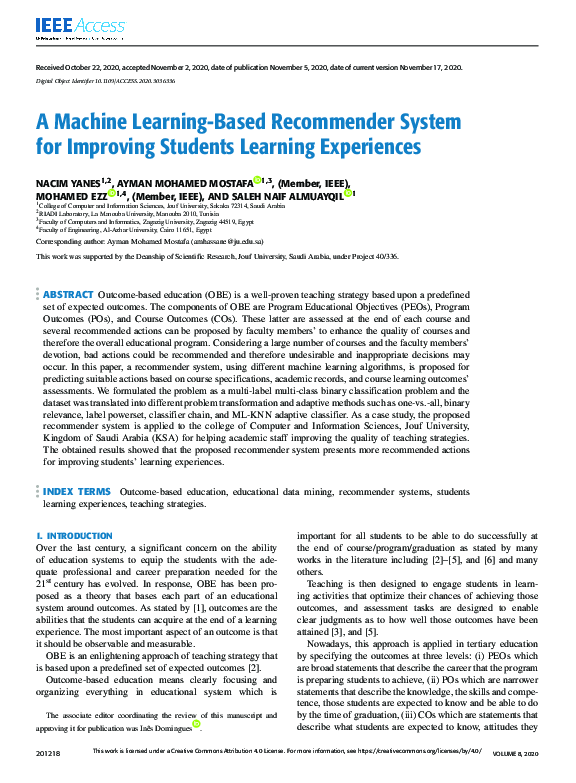 (PDF) A Machine Learning-Based Recommender System for Improving ...