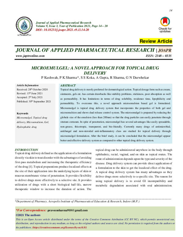 (PDF) Microemulgel: a novel approach for topical drug delivery