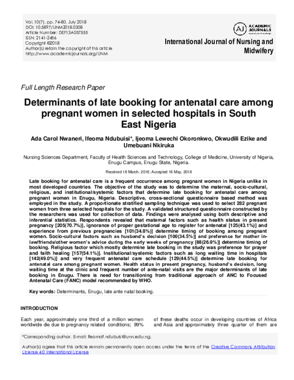 (PDF) Determinants of late booking for antenatal care among pregnant ...