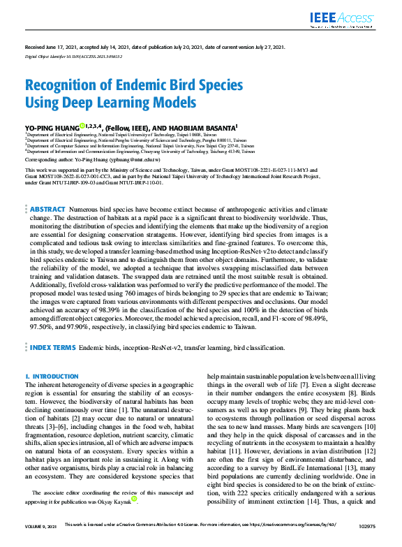 (PDF) Recognition of Endemic Bird Species Using Deep Learning Models