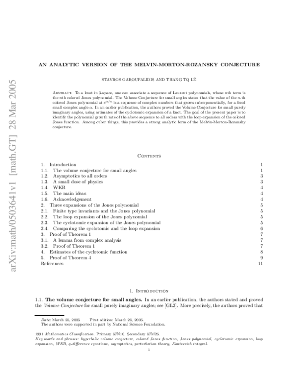 (PDF) An analytic version of the Melvin-Morton-Rozansky conjecture