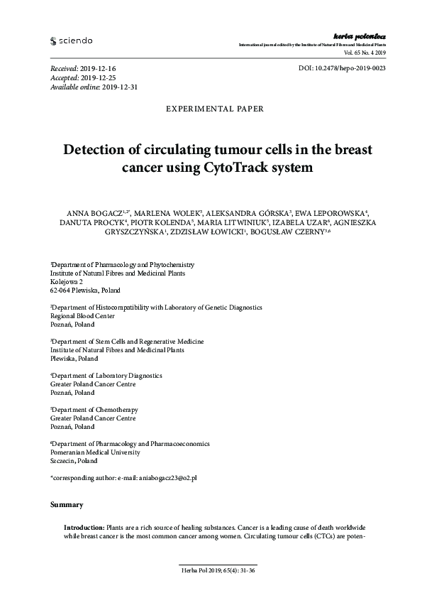 (PDF) Detection of circulating tumour cells in the breast cancer using ...