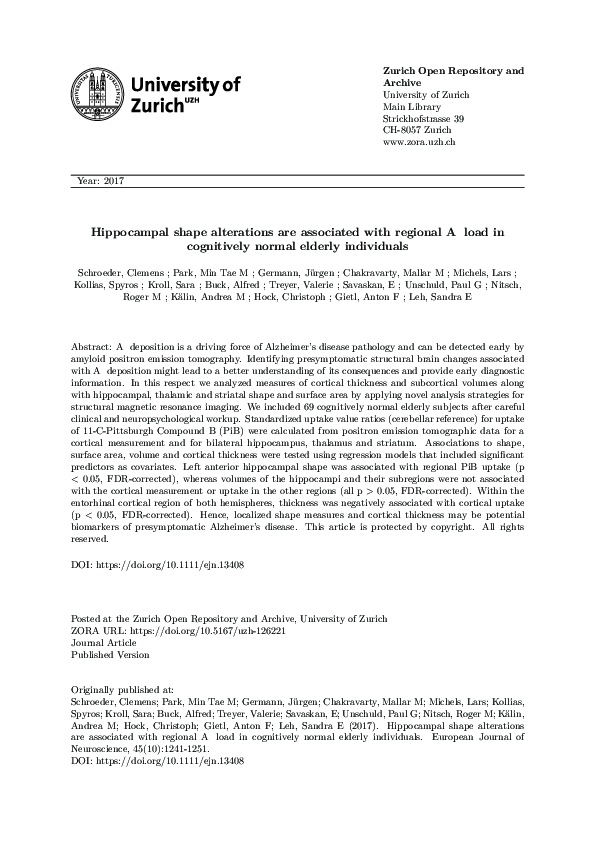 (PDF) Hippocampal shape alterations are associated with regional Aβ ...