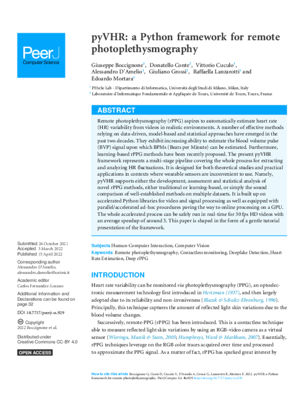 (PDF) pyVHR: a Python framework for remote photoplethysmography