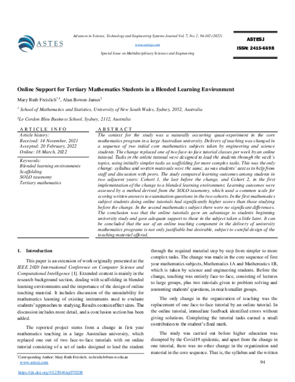 (PDF) Online Support for Tertiary Mathematics Students in a Blended ...
