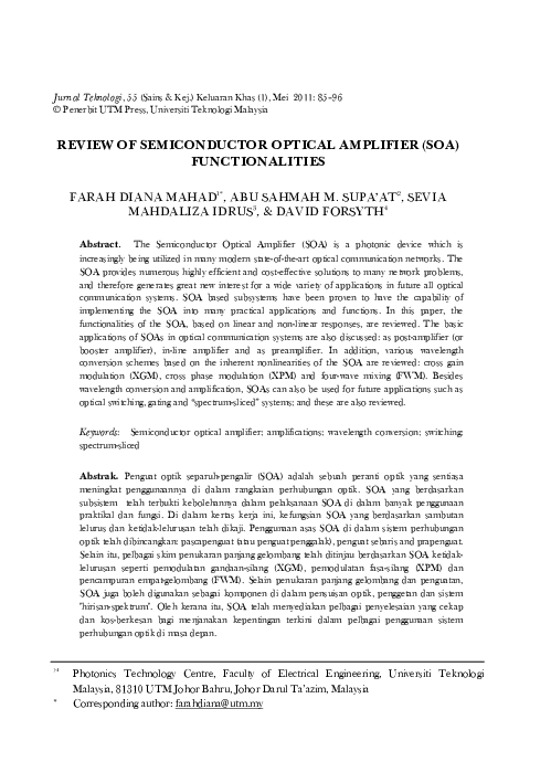 (PDF) Review Of Semiconductor Optical Amplifier (SOA) Functionalities