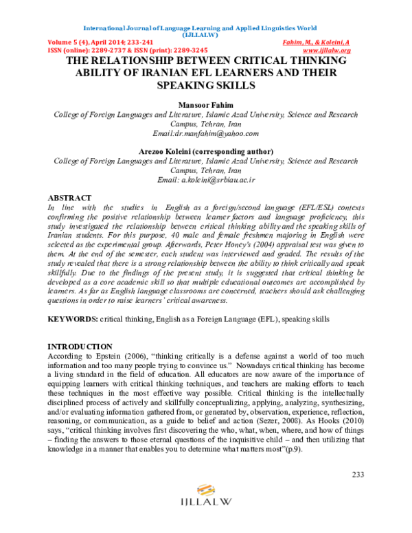 Pdf The Relationship Between Critical Thinking Ability Of Iranian Efl