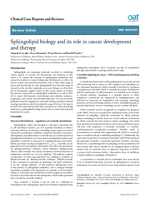 (PDF) Sphingolipid biology and its role in cancer development and therapy