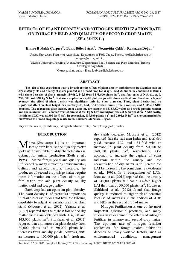 (PDF) Effects of Plant Density and Nitrogen Fertilization Rate on ...