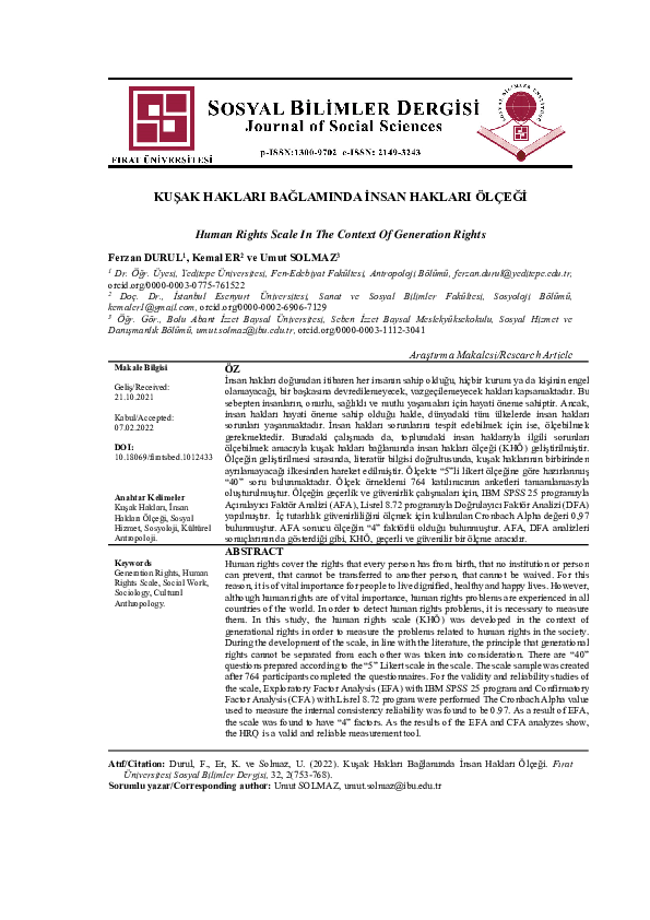 (PDF) KUŞAK HAKLARI BAĞLAMINDA İNSAN HAKLARI ÖLÇEĞİ Human Rights Scale ...