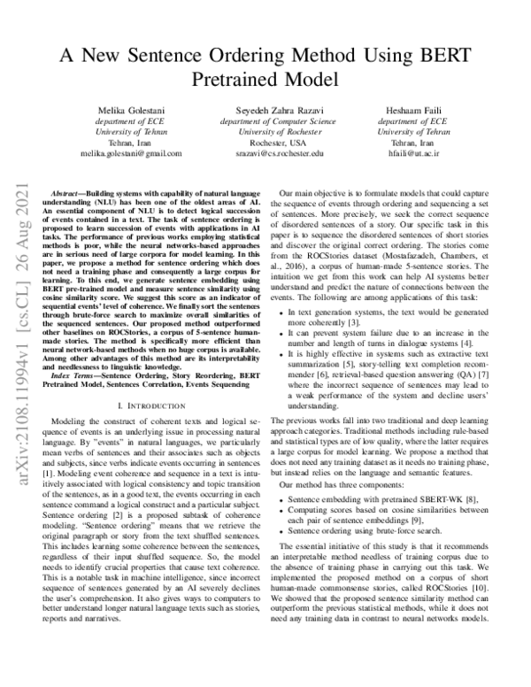 (PDF) A New Sentence Ordering Method using BERT Pretrained Model