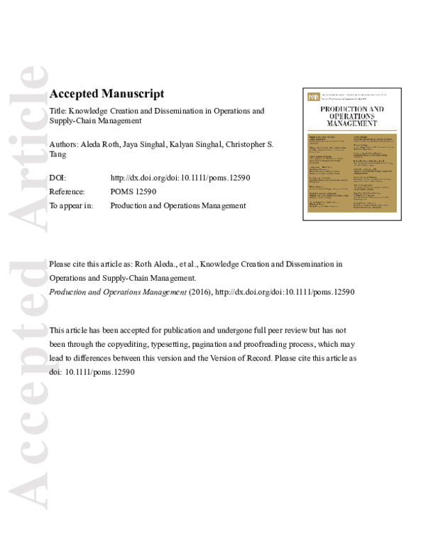 (PDF) Knowledge Creation and Dissemination in Operations and Supply ...