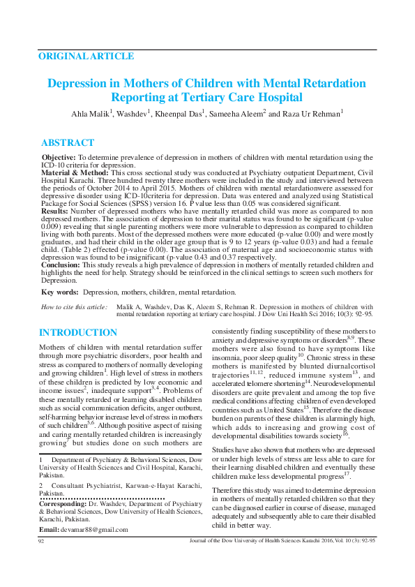 (PDF) Depression in Mothers of Children with Mental Retardation ...
